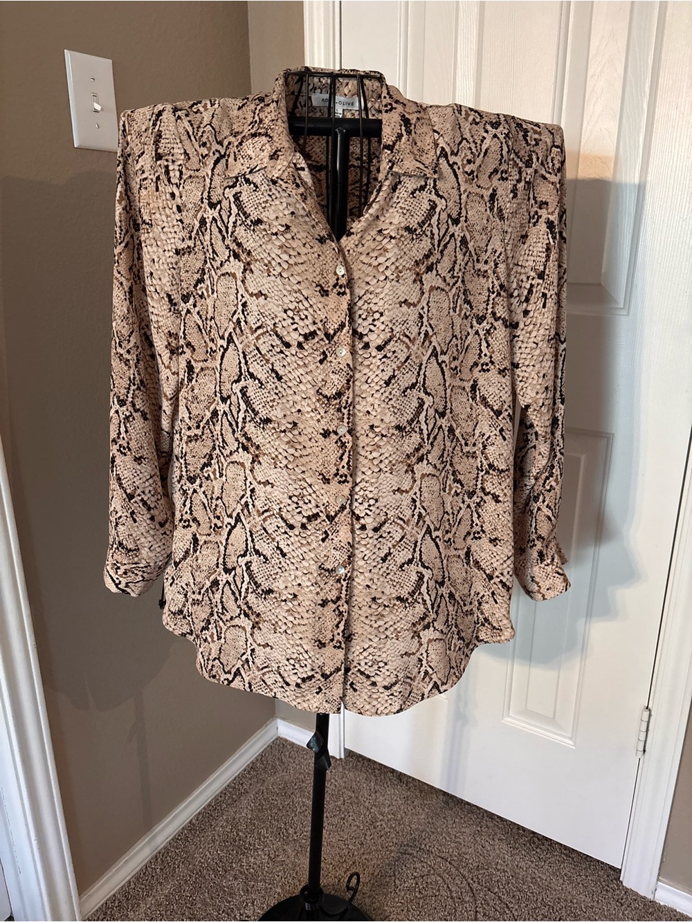 Rose & Olive Taupe Snake-Print Button Front Blouse